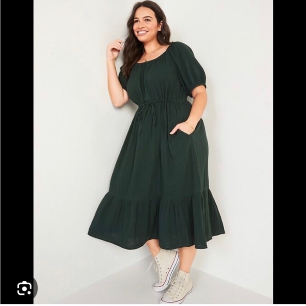OLD NAVY Puff-Sleeve Scoop-Neck Waist-Defined Midi Dress for Women XXL